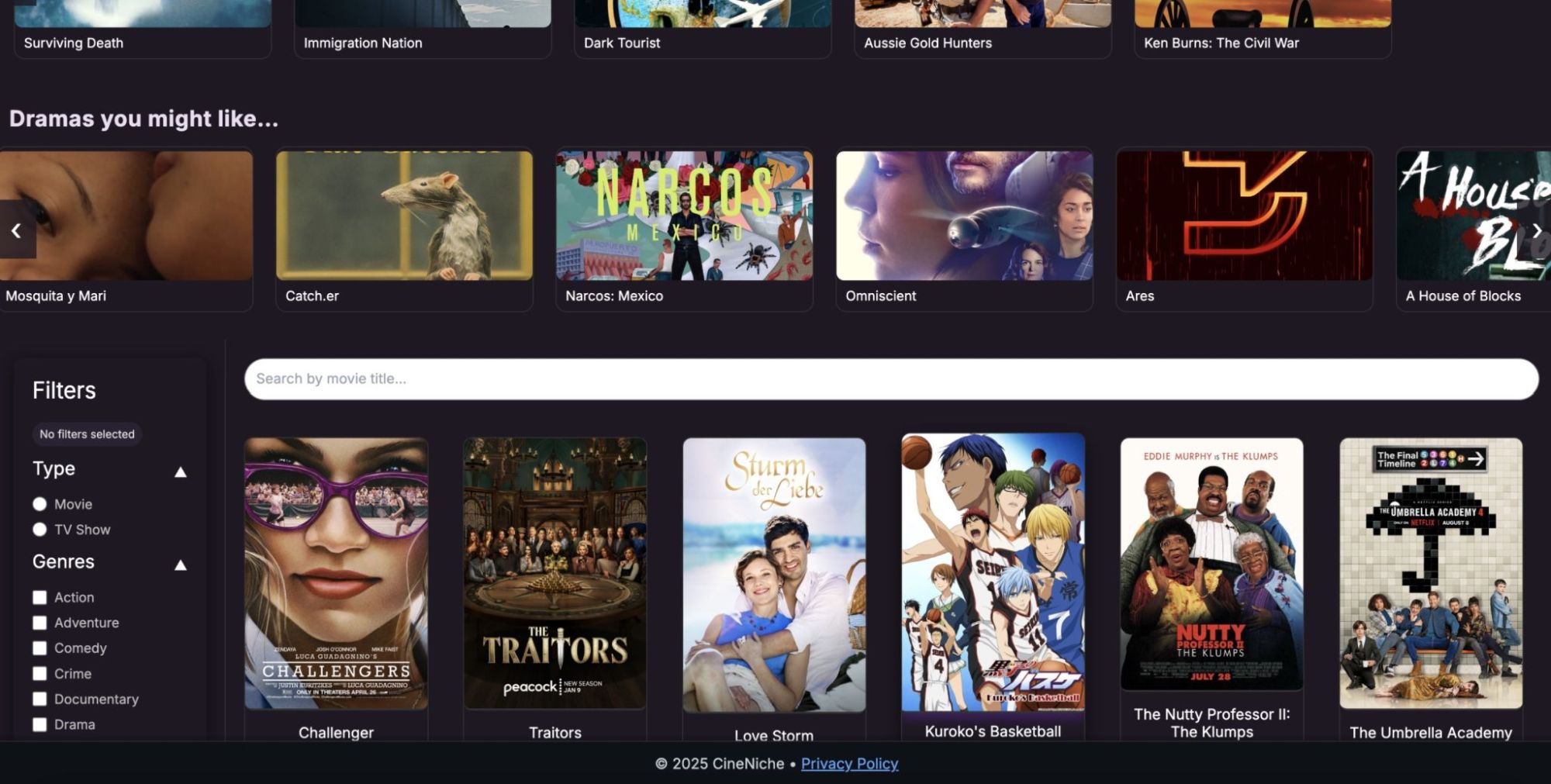 CineNiche app showing personalized drama recommendations, a genre filter, and a grid of movie posters