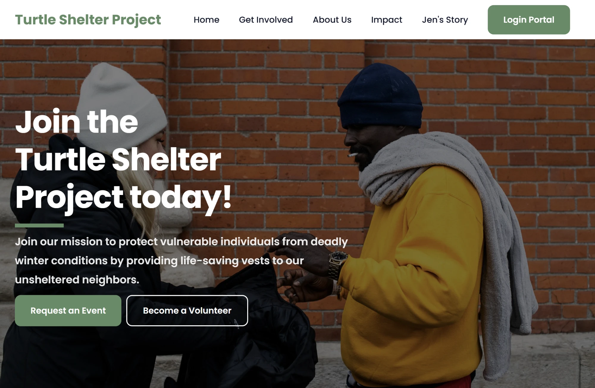 Turtle Shelter Project home page with the headline Join the Turtle Shelter Project today and buttons to request an event or volunteer